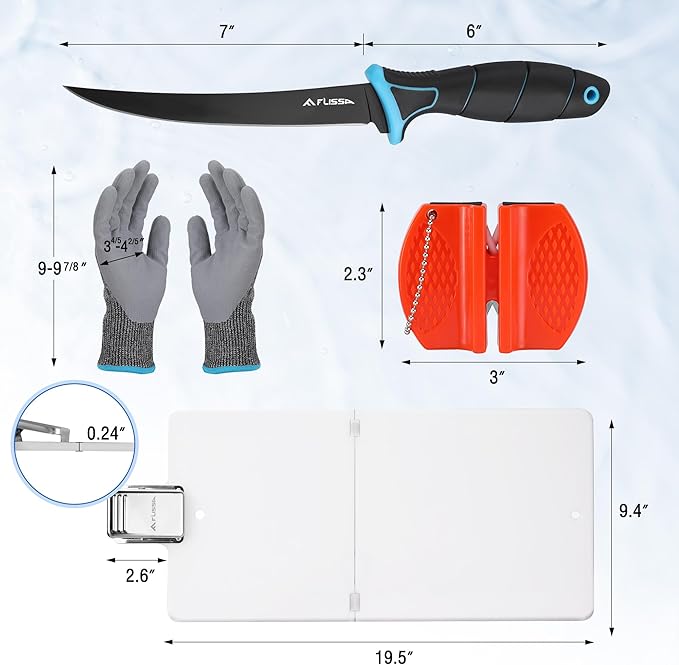 FLISSA 4-Piece Fish Fillet Set, Cleaning Kit - 7" Fillet Knife, Foldable Fish Board with Clamp, Knife Sharpener and Cut Resistant Gloves, Suitable for Easy Cleaning, Filleting and Cutting