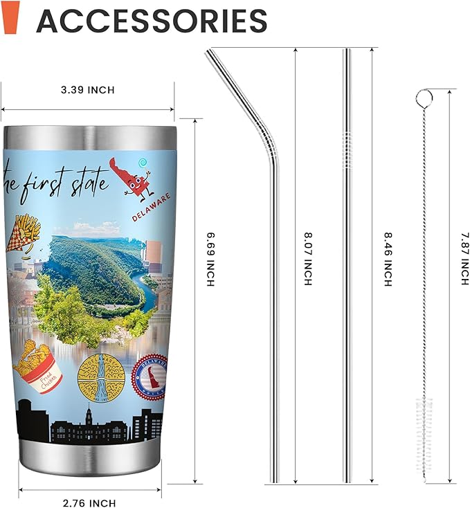 20oz Insulated Tumbler Delaware State Coffee Mug, United States Map Travel Mug Landmark, Birthday Gifts Cute Custom Tumbler Cups with Lid and Straw Mothers Day Gifts