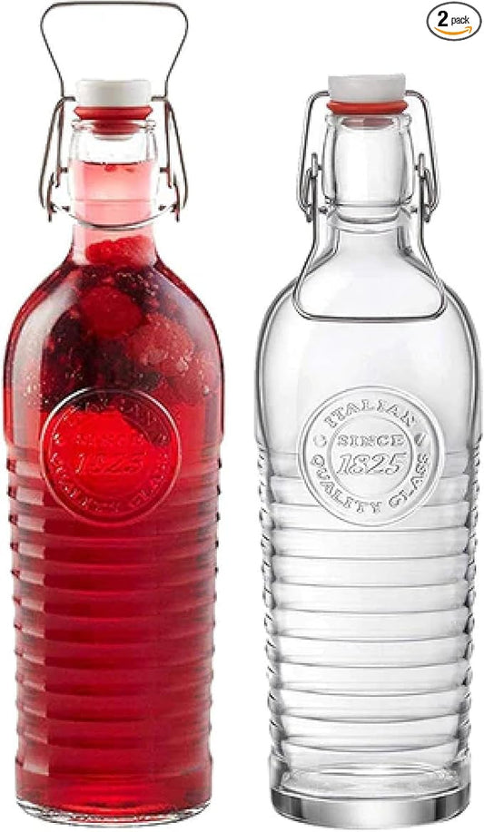 Bormioli Rocco Officina 1825 Swing Top Bottle with Handles (Set of 2) - 37.25 oz with Flip Top, Airtight Beverage Storage Bottles for Juice, Wine, Kombucha, Salad Dressing - Made in Italy