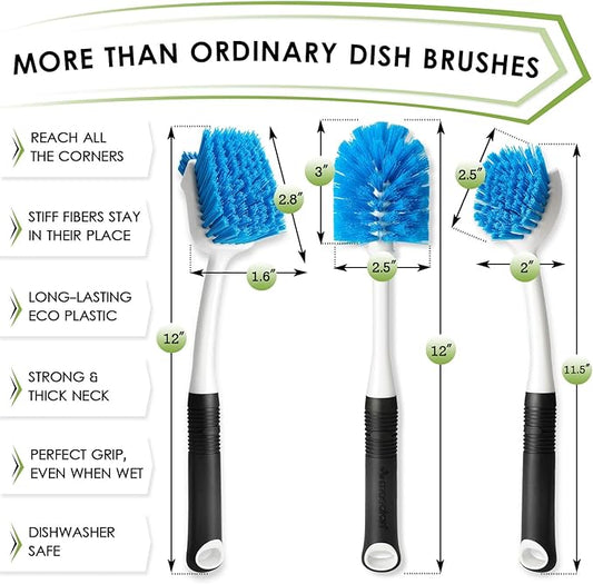 Dish Brush Set of 3 with Water Bottle Brush, Dish Scrub Brush and Scrubber Brush, Long Handle Kitchen Scrub Brushes for Dishes, Bottles, Cups, Pots, Pans and Sinks, Round Head