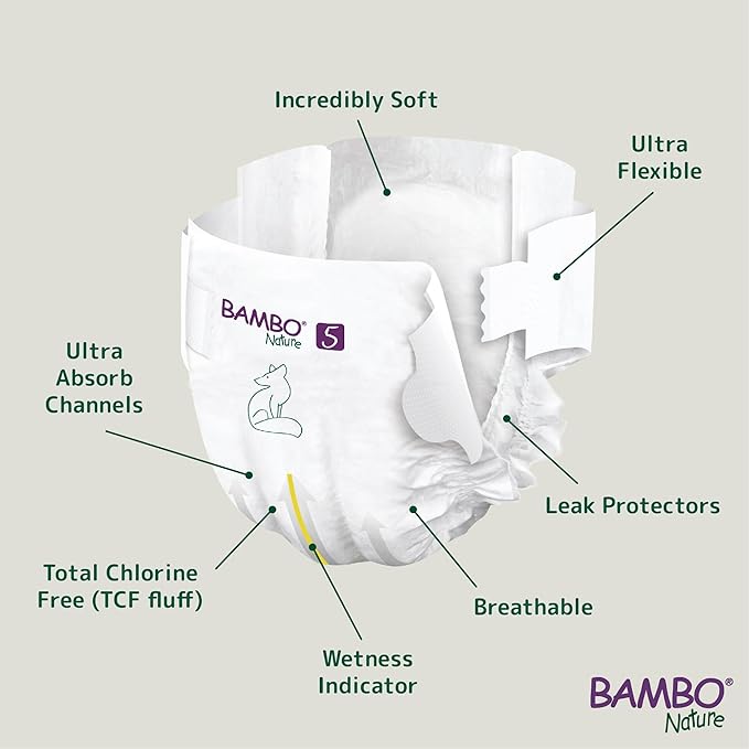 Bambo Nature Premium Baby Diapers - Green Bag, Size 5, 132 Count
