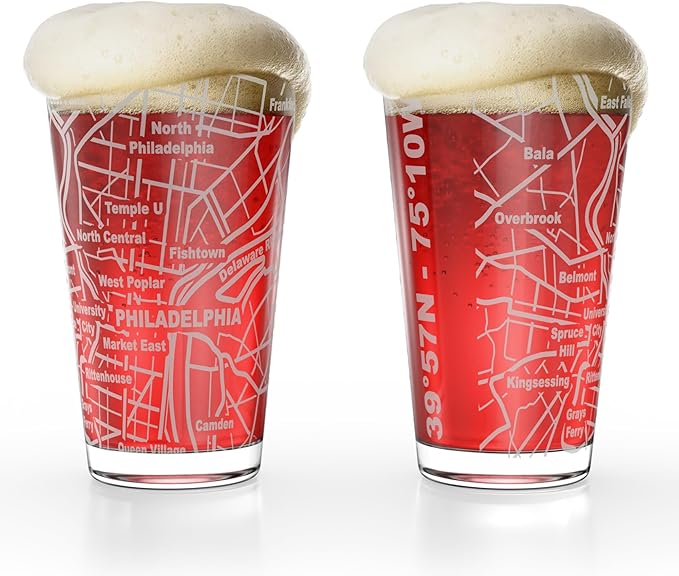Greenline Goods – Philadelphia, PA Map Pint Beer Glasses (Set of 2), 16 oz – Etched Wrap Design