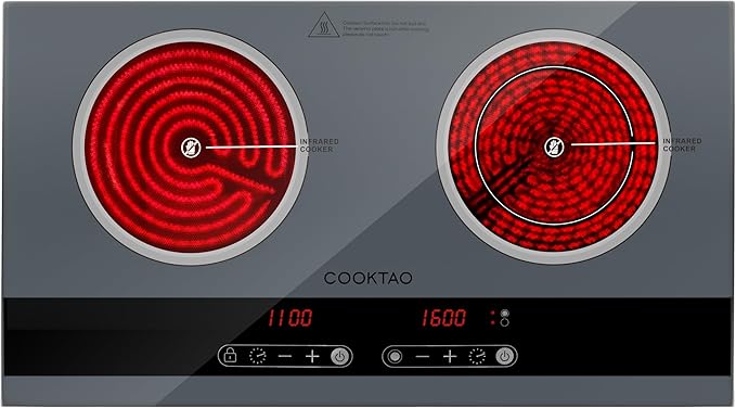 Dual Coil Design of 2 Burner Electric Cooktop, 1800W Ceramic Hot Plate for Cooking, Infrared Double Burner Portable Countertop or 24inch Built-in Radiant Stove Top Cooker, Compatible with All Cookware