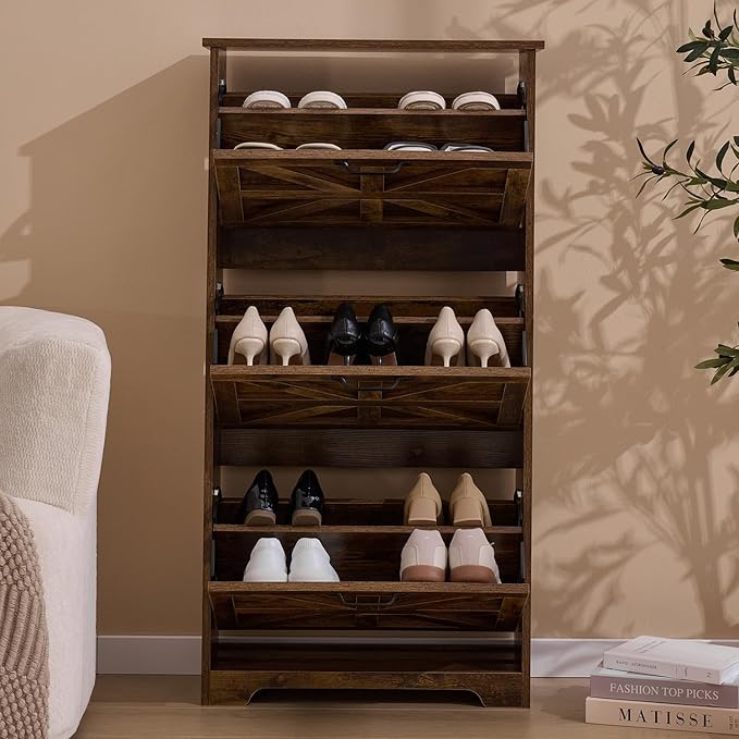 Shoe Storage Cabinet with Bench, Farmhouse Shoe Organizer with Barn Door Design, Space-Saving Hidden Narrow Shoe Rack Cabinet for Entryway, Hallway & Foyer, Brown
