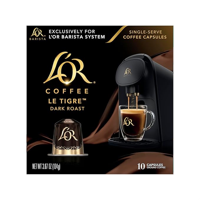 L'OR Coffee Pods, 10 Count Le Tigre Dark Roast Blend, Single-Serve Aluminum Coffee Capsules Compatible with the L'OR BARISTA System & *Nespresso Original Machines, 10 count (Pack of 1)
