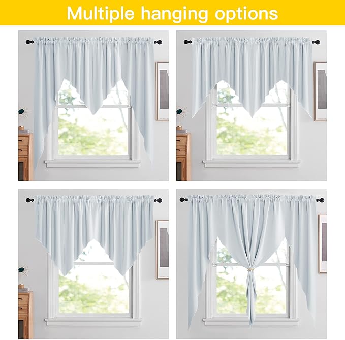 NICETOWN Room Darkening Pole Pocket Kitchen Tier Curtains- Tailored Scalloped Valance/Swags for Home Decor (Two Panels, 36" W X 36" L Each Panel, Greyish White)