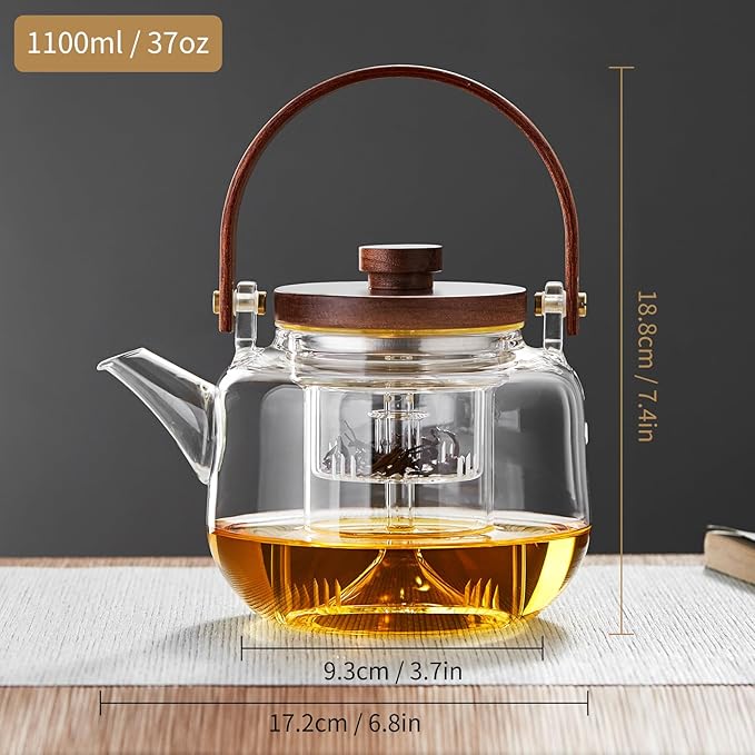 Glass Teapot with Infuser 1100ml/37.2 fl oz, Heat Borosilicate Glass Tea Pot with Infuser for Loose Leaf Tea, Stovetop Safe