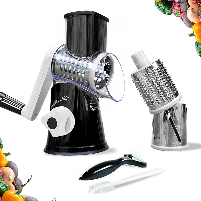 Rotary Cheese Grater Hand Crank with Handle - 3-in-1 Cheese Shredder - Easy to Clean Rotary Grater - Mandoline Vegetable Slicer - with Brush and Peeler - Black