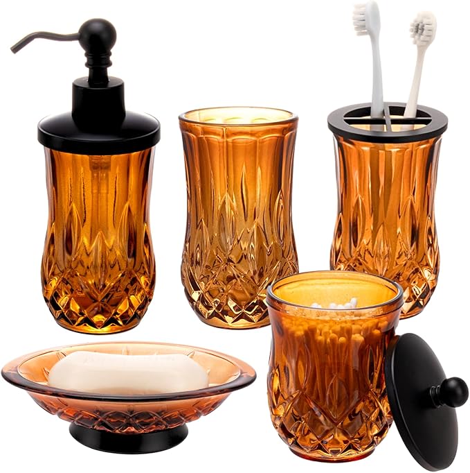 Bathroom Accessories Set,5 Pcs Amber Glass Bathroom Accessory Set, Complete Lotion Soap Dispenser, Toothbrush Holder, Soap Dish, Tumbler & Jar, Modern Bathroom Decor Sets,Gift for Home Apartment,Round