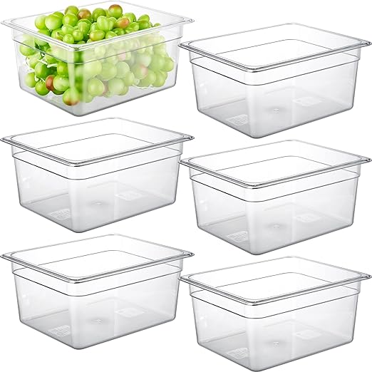 CURTA 6 Pack NSF Food Pans, Half Size 6 Inch Deep, Commercial Polycarbonate Plastic Clear Freezer-Safe