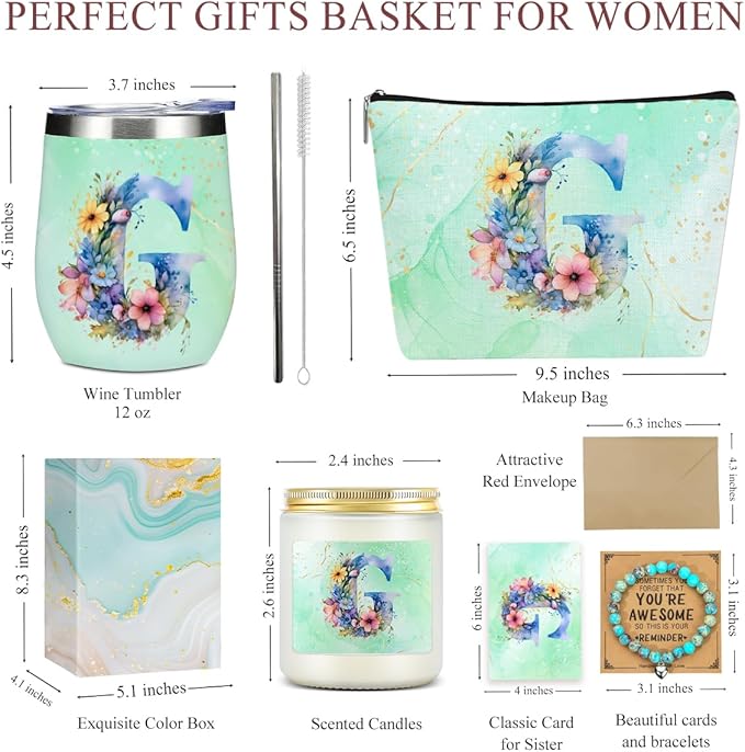 Personalized Gifts Monogrammed Birthday Gifts for Women, Her Employee Housewarming Christmas Initial Wine Tumbler Makeup Bag Scented Candle Bracelet Set, (Aesthetic Green Flower G)