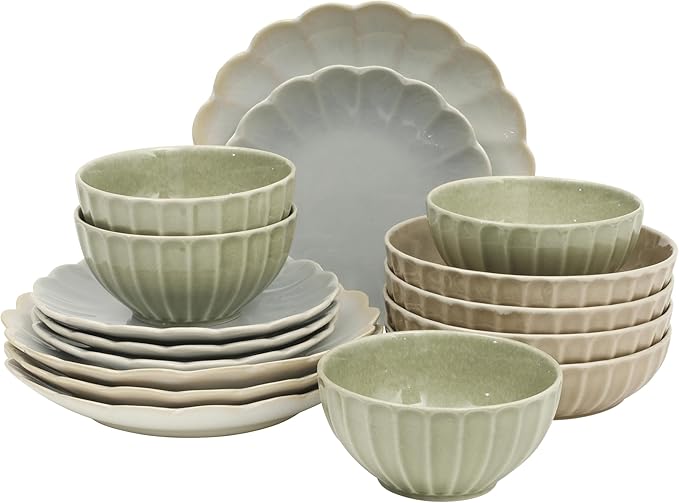 Gibson Elite Malibu Shore 16 Piece Scallop Stoneware Reactive Glaze (Service for 4) Ceramic Plates and Bowls Dinnerware Set - Assorted Color (Shiny Cream White, Blue, Cream, Terracotta)