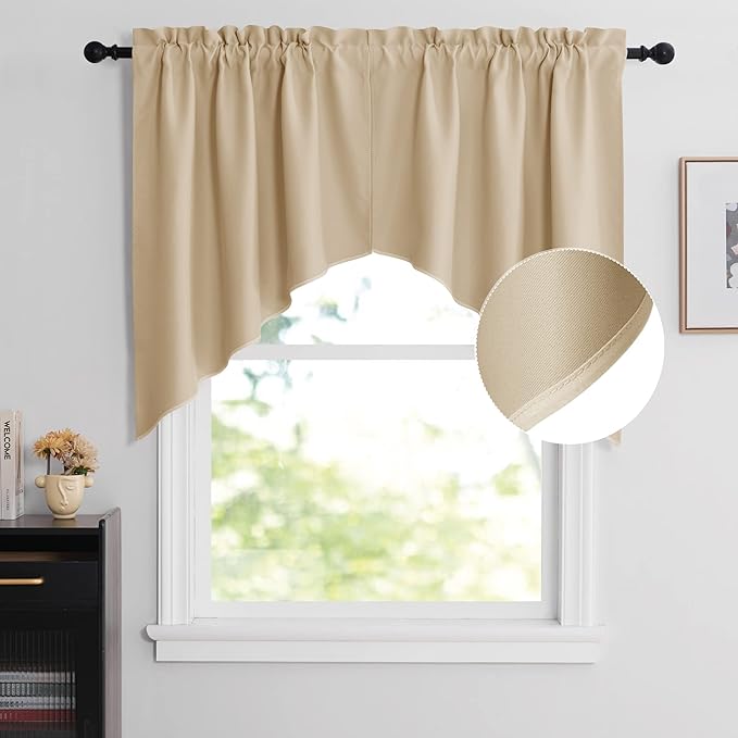 NICETOWN Room Darkening Rod Pocket Kitchen Tier Curtains - Tailored Scalloped Valance Swags (Biscotti Beige, 2 Pieces, 72 inches Wide Combined, 36 inches Long)