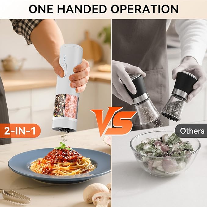 2 in 1 Electric Salt and Pepper Grinder Set, USB Rechargeable, Automatic Salt and Pepper Mill Shakers with Battery Display, LED Light, Adjustable Coarseness(White)