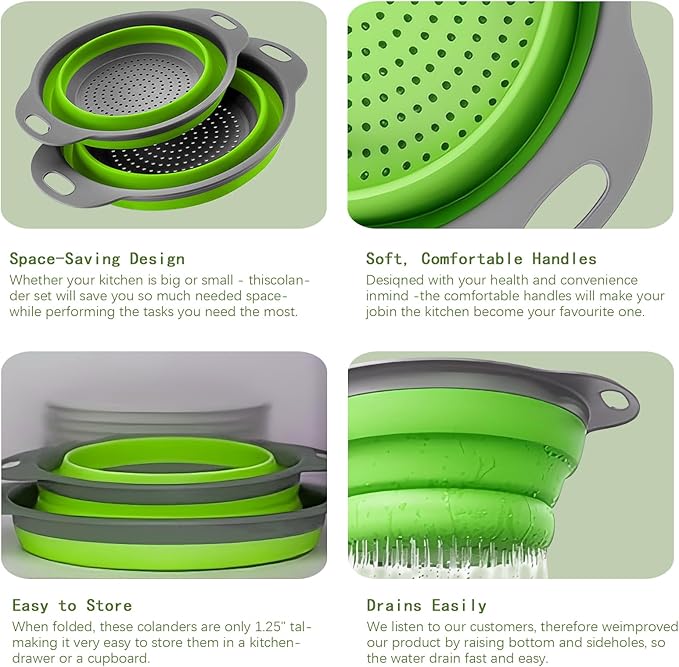 Collapsible Colander Set of 2 Silicone Kitchen Strainer Set, Perfect for Draining Pasta, Vegetable and fruit for Kitchen and Travel Use (green)