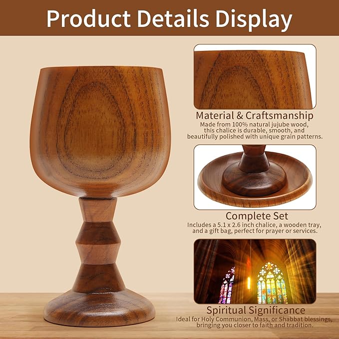 TALPGOD Handmade Wooden Communion Chalice Cup with Tray – Vintage Goblet Wine Cup for Christian Church Ceremony (5.1 Inches)