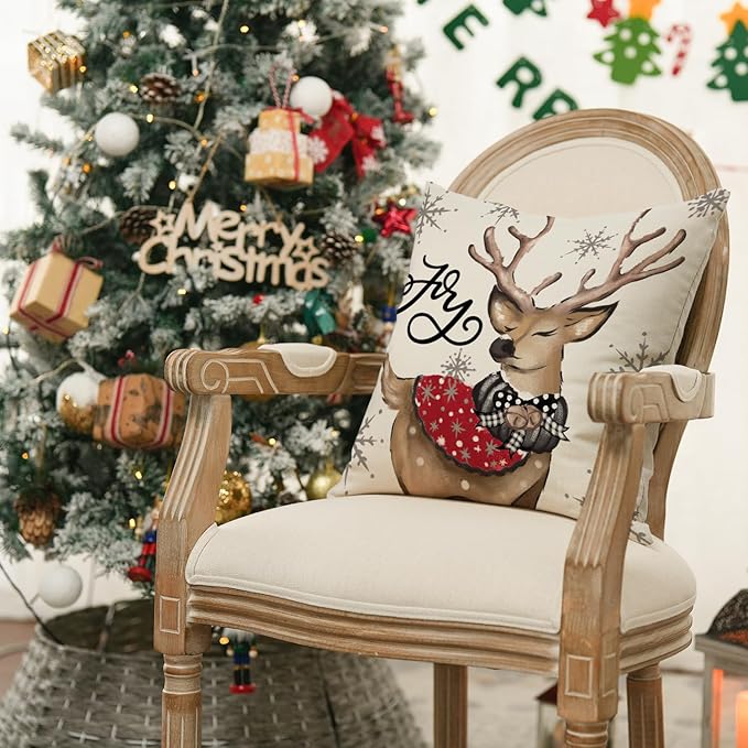 AVOIN colorlife Christmas Snowman Reindeer Gloves Eucalyptus Red Throw Pillow Covers, 20 x 20 Inch Winter Holiday Stripes Cushion Case Decoration for Sofa Couch Set of 4