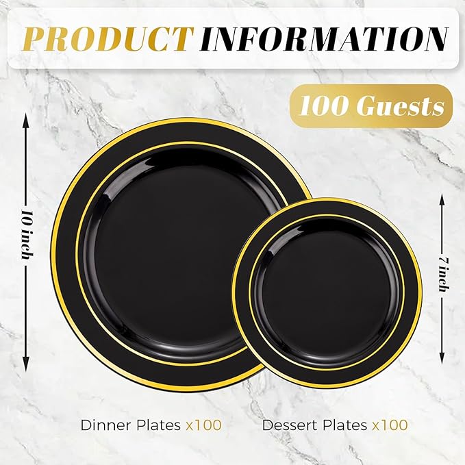WDF 200PCS Black and Gold Plastic Plates - Black Plates Disposable for Party - Heavy Duty Plastic Plate for New Year