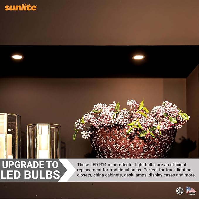 Sunlite LED R14 Mini Flood Light Bulbs, 4 Watts (25W Equivalent), 250 Lumens, Medium (E26) Base, Dimmable, ETL Listed, 3000K Warm White, for China and Curio Cabinet Light, 6 Count