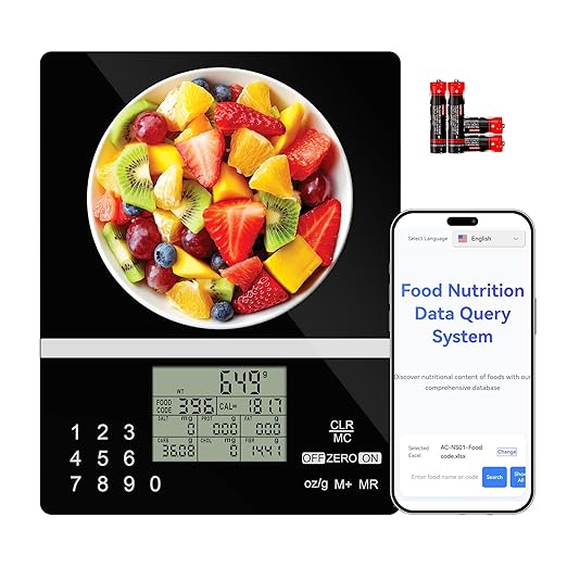 5000g Smart Nutrition Scale, Kitchen Scale with Food Code, Food Scale for Meal Prep, Portion Control, Baking, Weight Loss, 4 Units, Tare Function, Batteries Included