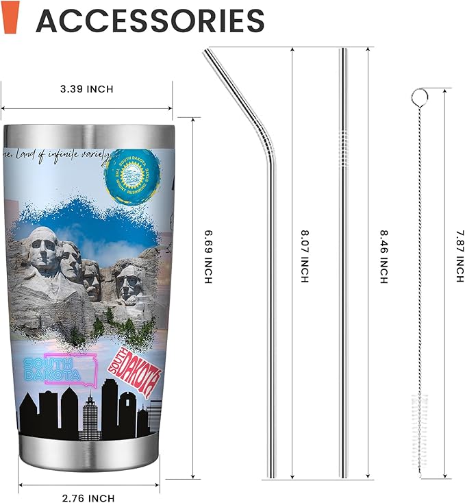20oz Insulated Tumbler South Dakota State Coffee Mug, United States Map Travel Mug Landmark, Birthday Gifts Cute Custom Tumbler Cups with Lid and Straw Gifts for Mom