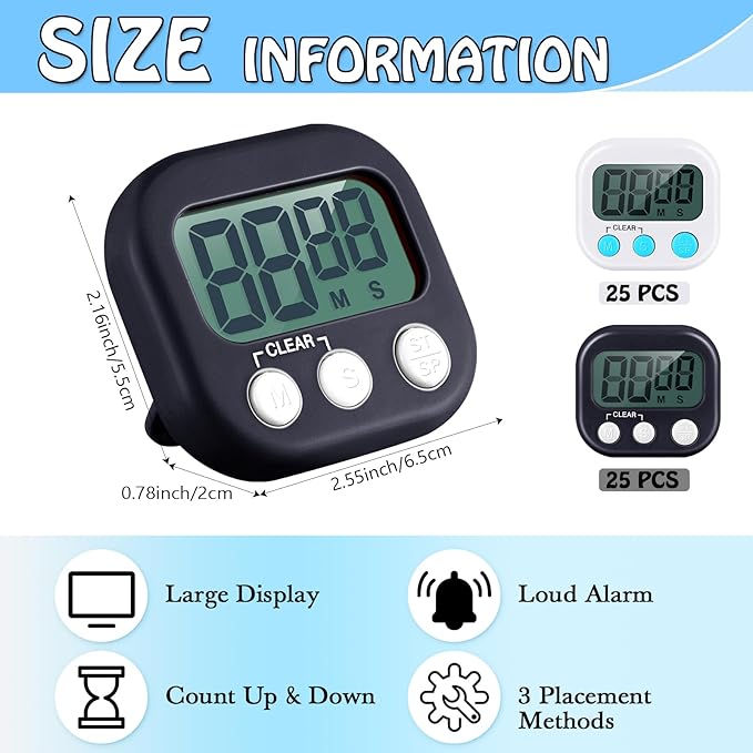 Xuhal 50 Pieces Digital Kitchen Timer Bulk, Small Magnetic Timers for Classroom, Digits Stopwatch Clock Timer for Cooking Baking Sports Games Office, Not Including Battery (Black,White)