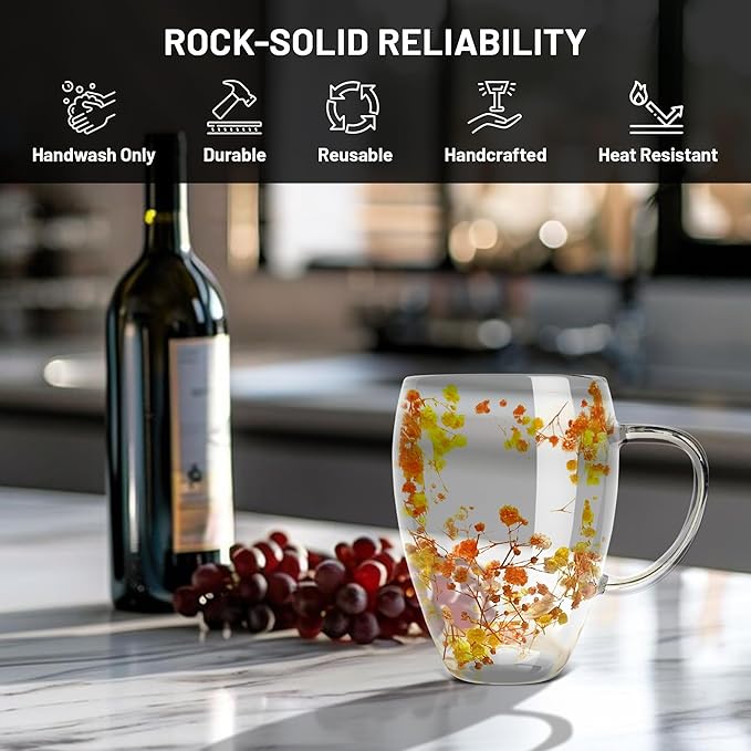 Gusto Buono 11oz Double Wall Glass Mugs, Set of 4 – Orange/Yellow Dry Flowers Design | Handmade, Heat-Resistant, Handwash Only | Perfect Coffee Mugs for Parties & Holiday Gifts
