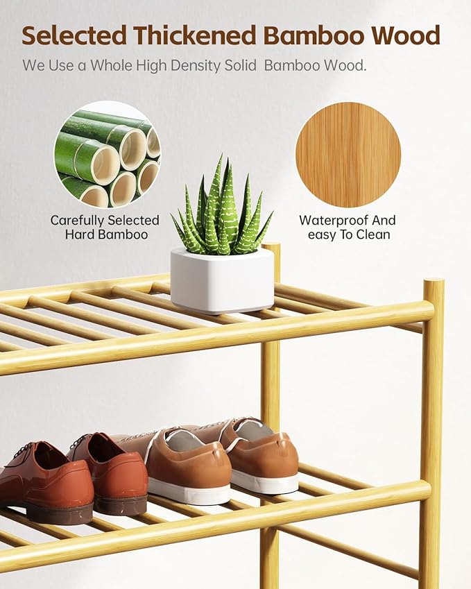 Bamboo Shoe Rack for Closet Small Wooden Shoe Organizer with Pouch, Sturdy Wood Shoe Shelf for Front Door Entrance Entryway and Outdoor, 26 inch Wide (Natural, 4-Tier)