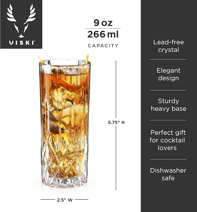 Viski Admiral Highball Glasses, Crystal Drinking Glasses, Elegant Glassware for Whiskey, Vodka, Cocktails, Perfect for Home Bars, Indoor & Outdoor Parties, Stylish Drinkware, 9 oz, Set of 4