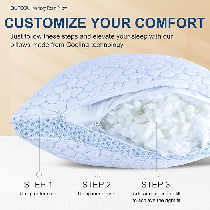 QUTOOL Enhanced Cooling Gel Pillow King Size 1 Pack, CertiPUR-US Shredded Memory Foam Pillows for Hot Sleepers, Support Yet Soft Adjustable Bed Pillow for Side, Back, Stomach Sleepers, Home Gifts