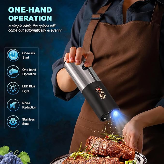 Rechargeable Electric Salt and Pepper Grinder Set with Charging Base, DERGUAM Stainless Steel Pepper Grinder with Adjustable Coarseness and Led Light