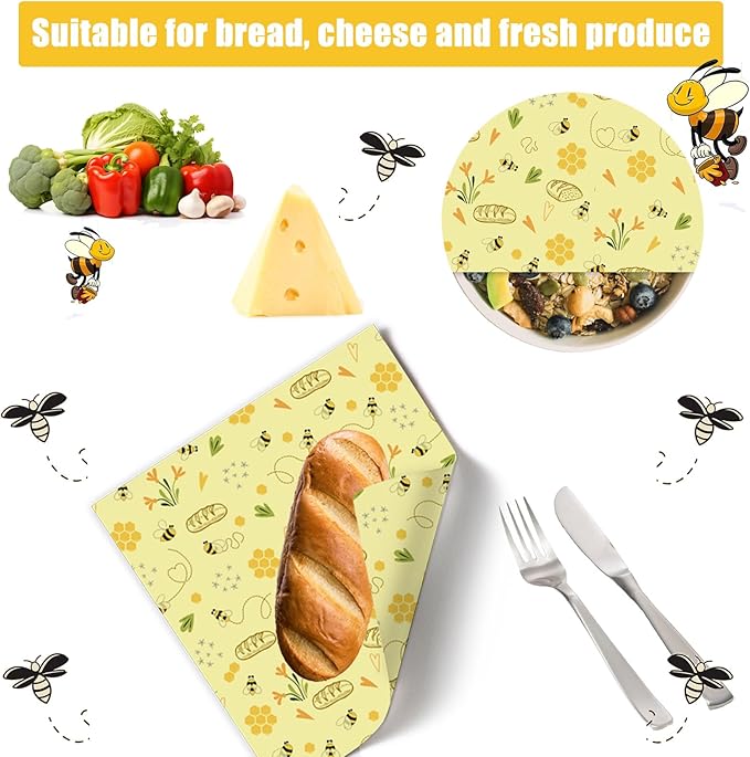 Beeswax Bread Bags & Beeswax Food Wraps Set, Reusable Natural Beeswax Cotton Food Storage Bag for Sourdough, Beeswax Wraps for Food (S,M,L), Sustainable,Organic, Moisture Lock& Freshness Preservation