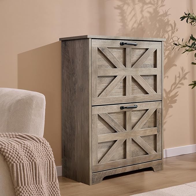 Shoe Storage Cabinet with Bench, Farmhouse Shoe Organizer with Barn Door Design, Space-Saving Hidden Narrow Shoe Rack Cabinet for Entryway, Hallway & Foyer，White