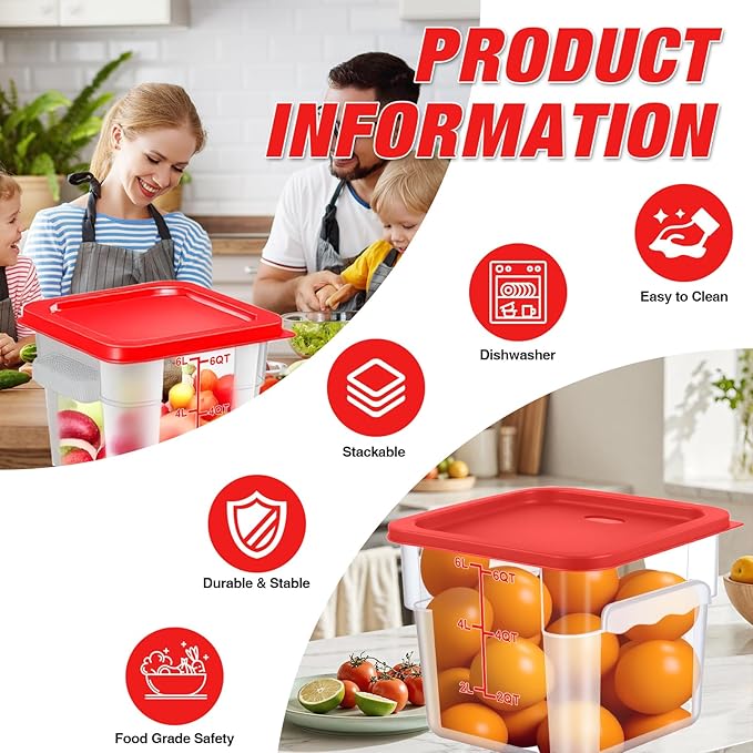 Airtight Square Food Storage Containers with Lids 4-Pack, Lock-Tight Seal for Flour, Sugar, Cereal, Keep Food Fresh, BPA-Free Stackable Kitchen Canisters with Measurements (Red, 6QT-4PACK)
