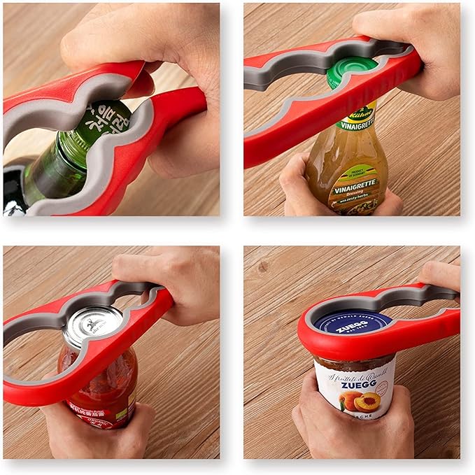 Jar Opener Bottle Opener for Weak Hands, 5 in 1 Multi Function Can Opener Bottle Opener Kit with Silicone Handle Easy to Use for Children, Elderly and Arthritis Sufferers, Red