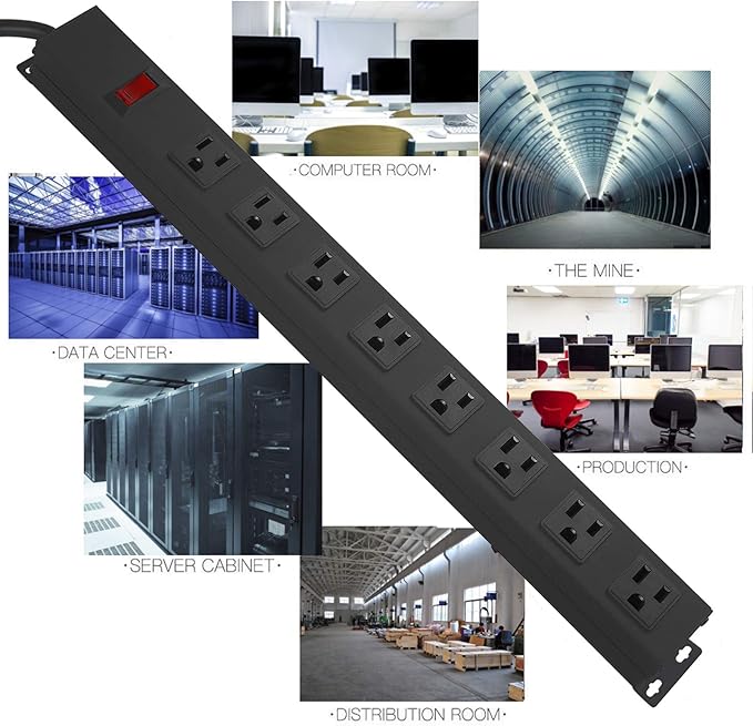HHSOET Metal Wide Spaced Power Strip, 8 Outlets, Black, 1200J Surge Protector, 15A, 125V, 60Hz, 1875W