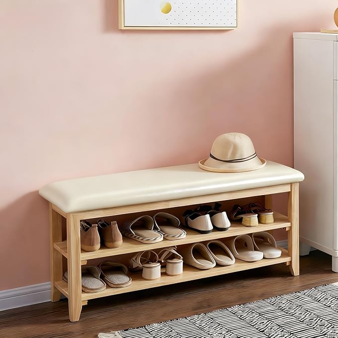 Shoe Bench Storage with Leather Cushion, Rustic Solid Wood Entryway Bench with 2 Height-Adjustable and Removable Shelves for Hallway, Living Room, Mudrooms (Natural Wood,39.4")