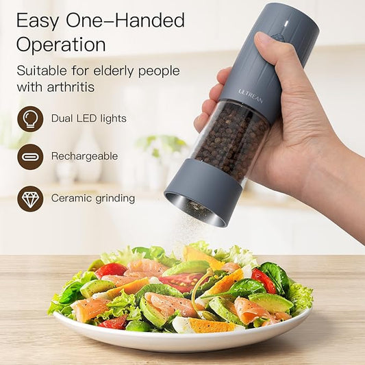 Ultrean Electric Salt and Pepper Grinder Set, Rechargeable Salt and Pepper Shakers, 6 Adjustable Coarseness, LED Light, Kitchen Gadget & Christmas Gifts, Blue-Grey