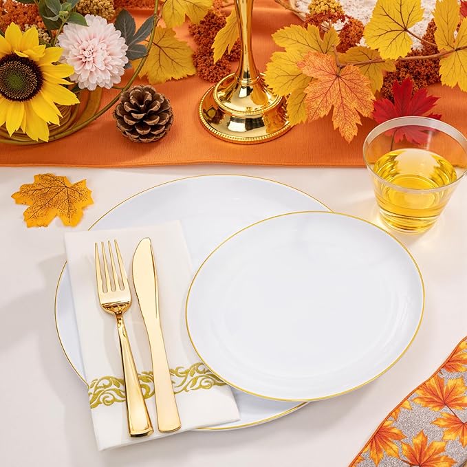 NOCCUR 350PCS Gold Disposable Dinnerware Set for 50 Guests - White and Gold Plastic Plates Include 50 Dinner/Dessert Plates, 150 Silverware and 50 Napkins/Cups Ideal for Party/Christmas