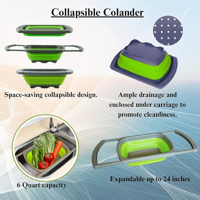 Collapsible Colander | Over the sink silicone kitchen strainer and collander with extendable handle | Clip-on silicone strainers for pots and pans|