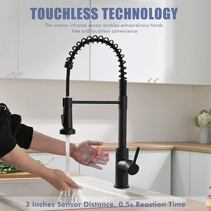 GIMILI Matte Black Touchless Kitchen Faucet Motion Sensor Activated Smart Hands Free Kitchen Faucets with Pull Down Sprayer Single Handle Spring Kitchen Sink Faucet