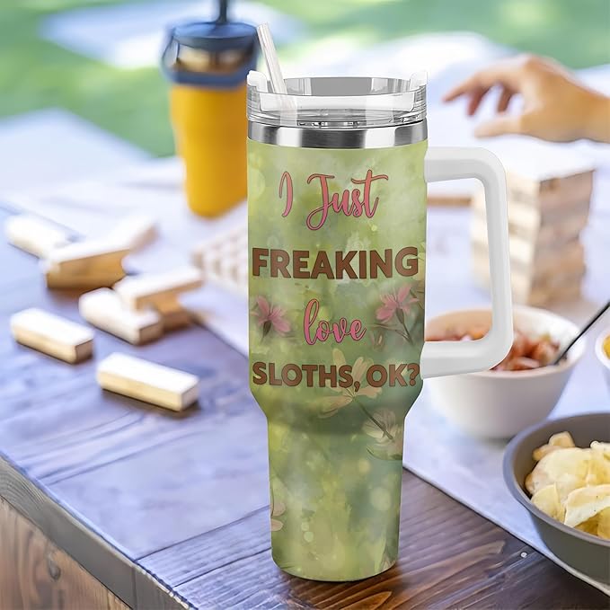 Personalized Sloth 40oz Tumbler with Handle and Straw Gifts for Sloth Lovers, Ideal Animal Lover Gifts For Women Girl, Unique Birthday Christmas Gift, Custom Name Stainless Steel Travel Cup