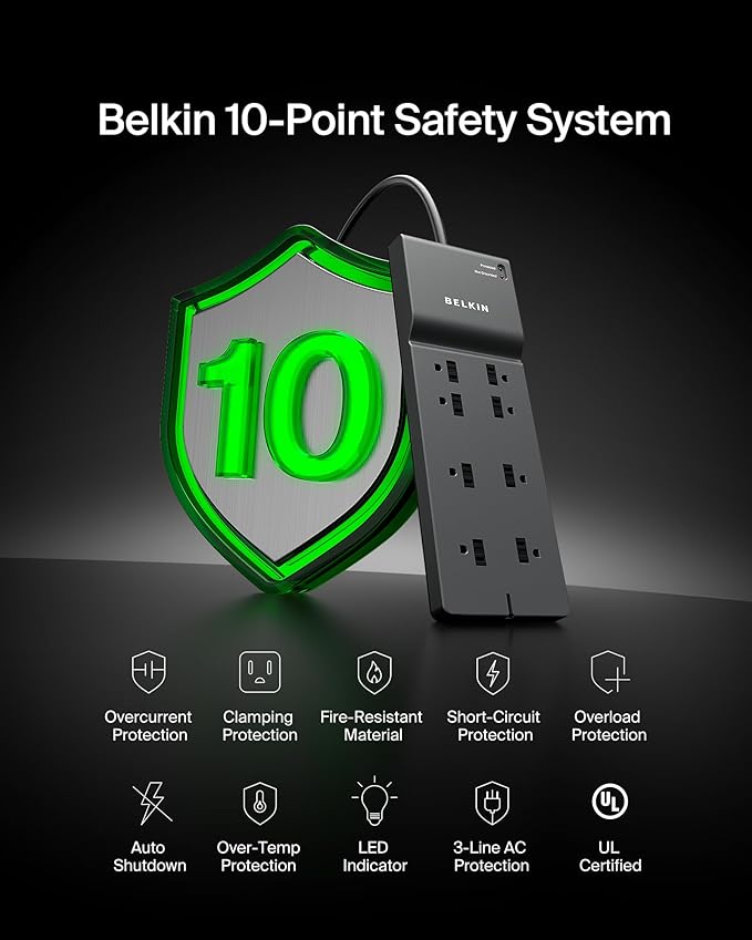 Belkin 8-Outlet Surge Protector w/ 8 AC Outlets & 8ft Long Flat Plug, UL-listed Heavy-Duty Extension Cord for Home, Office, Travel, Computer Desktop, Laptop, Phone Charger - 2,500 Joules of Protection