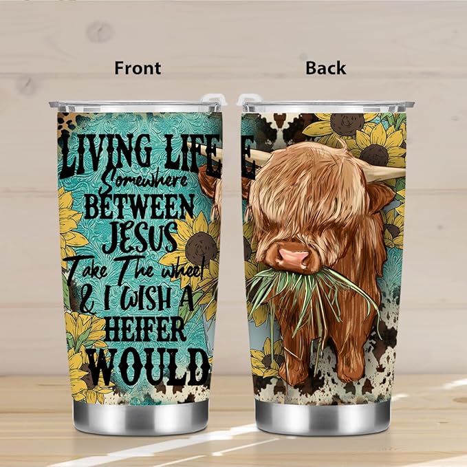 Cow Print Stuff Tumbler, Inspirational Western Decor Sunflower Gifts for Women Men Friends Cow Lovers Birthday Christmas, Christian Coffee Mug Stainless Steel Vacuum Insulated Travel Cup with Lid 20oz