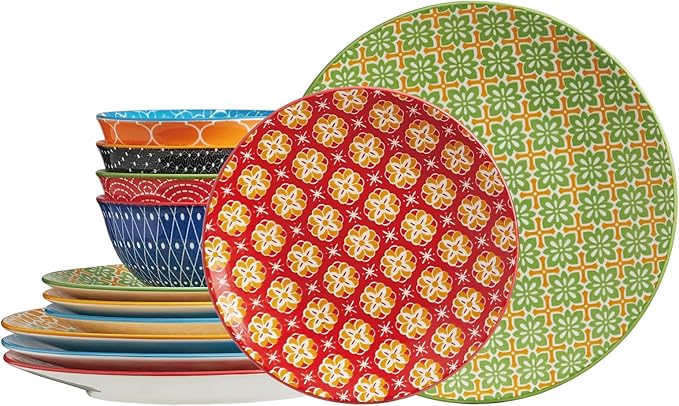 ONEMORE Ceramic Dinnerware Set, 12 Pieces Dish Sets for 4, Porcelain Plates and Bowls Sets, Microwave and Dishwasher Safe, Colorful