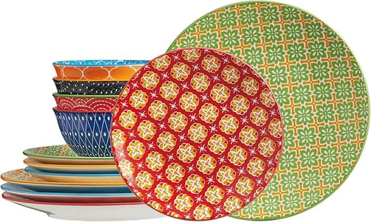 ONEMORE Ceramic Dinnerware Set, 12 Pieces Dish Sets for 4, Porcelain Plates and Bowls Sets, Microwave and Dishwasher Safe, Colorful
