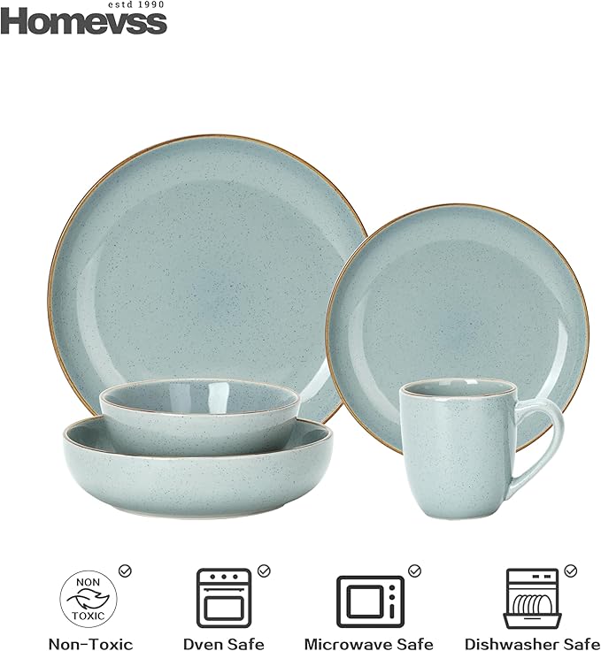 HomeVSS 20-Piece Dinnerware Set - Serves 4, Bright Glaze Grey plates and bowls sets with Speckle Effect for Microwave & Dishwasher Safe