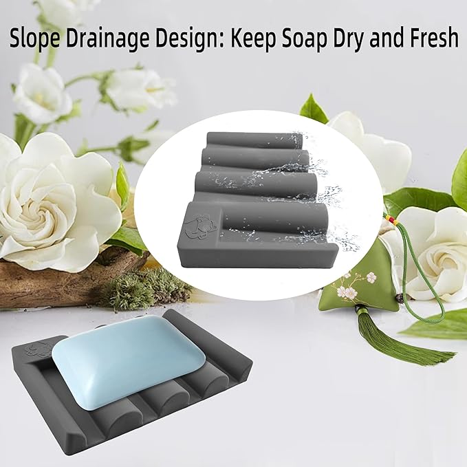 Silicone Soap Dish, Self Draining Soap Holder Perfect for Shower, Bathroom Sink, Kitchen Sink & Travel, Non-Slip Bar Soap Holder Extend Soap Life, Keep Soap Bars Dry Clean & Easy Cleaning (Grey-2PCS)