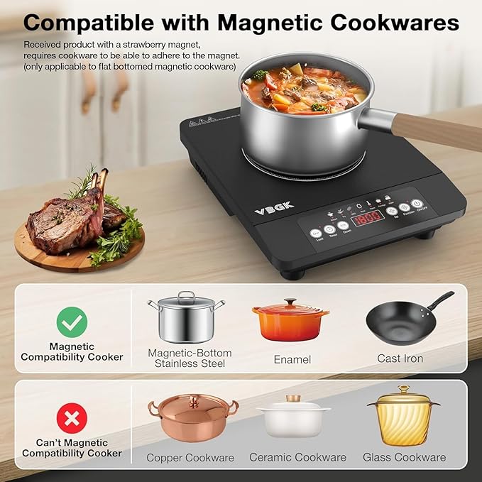 VBGK Single Burner Induction Cooktop,1800W Portable Induction Cooktop,110V Hot Plate with LCD Sensor Touch, 7 Temp Levels up to 518°F, Safety Lock, 4-Hour Timer, 9 Heat-Resistant Cooking