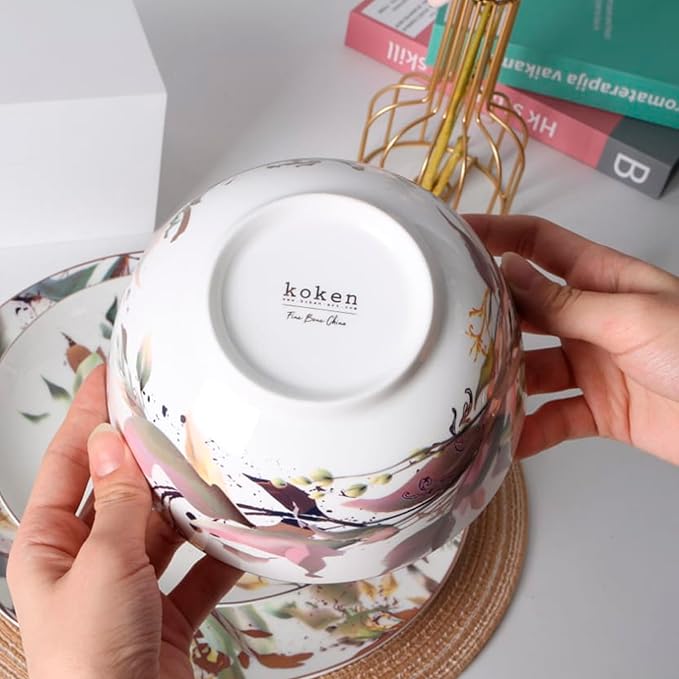Pink & Gold Plates and Bowls Sets Dishes Set for 4, Ceramic Plates and Bowls Set, Service for 4, Bone China Dinnerware Set Salad Dessert Plates, and Cereal Bowls Set, Microwave safe by KOKEN